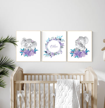 Purple teal nursery, Boho baby room, nursery wall art elephant, nursery decor girl, nursery decor girl floral, lilac nursery decor, lavender