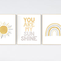 Nursery prints rainbow, mustard yellow and gray, nursery wall decor, rainbow nursery, you are my sunshine, nursery decor neutral, sunshine
