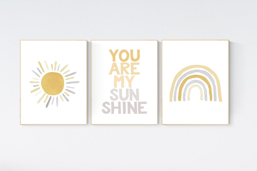 Nursery prints rainbow, mustard yellow and gray, nursery wall decor, rainbow nursery, you are my sunshine, nursery decor neutral, sunshine