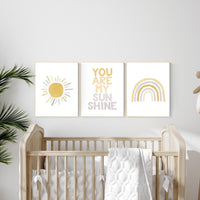 Nursery prints rainbow, mustard yellow and gray, nursery wall decor, rainbow nursery, you are my sunshine, nursery decor neutral, sunshine