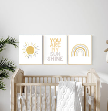 Nursery prints rainbow, mustard yellow and gray, nursery wall decor, rainbow nursery, you are my sunshine, nursery decor neutral, sunshine