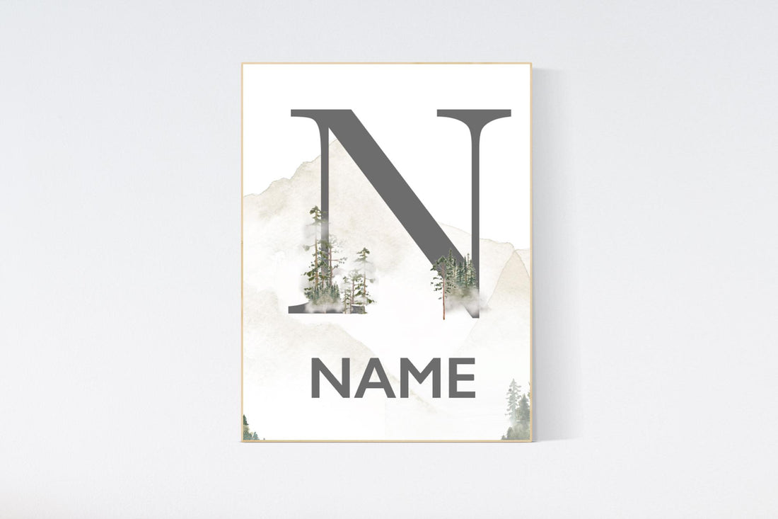 Nursery decor mountain, nursery wall art, tree nursery decor, adventure theme nursery, forest, sage green, beige, woodland animals