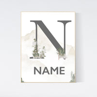 Nursery decor mountain, nursery wall art, tree nursery decor, adventure theme nursery, forest, sage green, beige, woodland animals
