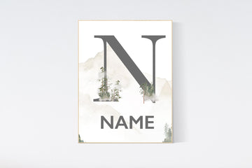 Nursery decor mountain, nursery wall art, tree nursery decor, adventure theme nursery, forest, sage green, beige, woodland animals