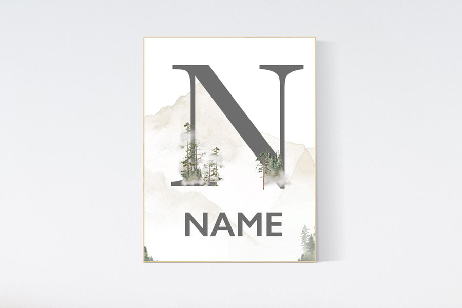 Nursery decor mountain, nursery wall art, tree nursery decor, adventure theme nursery, forest, sage green, beige, woodland animals