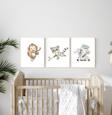 Sports nursery decor, Baby Animals Sport, Baby boy sports nursery, Safari nursery, baseball, hockey, golf nursery, animal sports