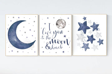 Nursery decor boy navy blue, Nursery wall art boy, navy nursery decor, moon and stars, we love you to the moon and back, nursery prints boy