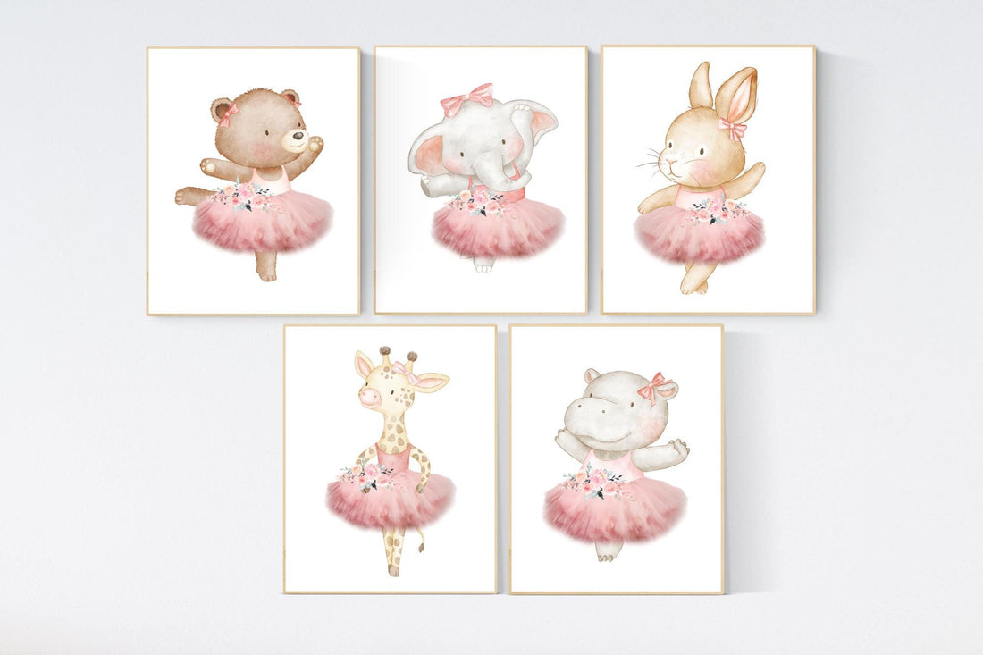 Ballerina animals, baby room decor girl, Elephant nursery, bunny nursery, bear nursery, nursery prints girl, ballet prints, ballet animals