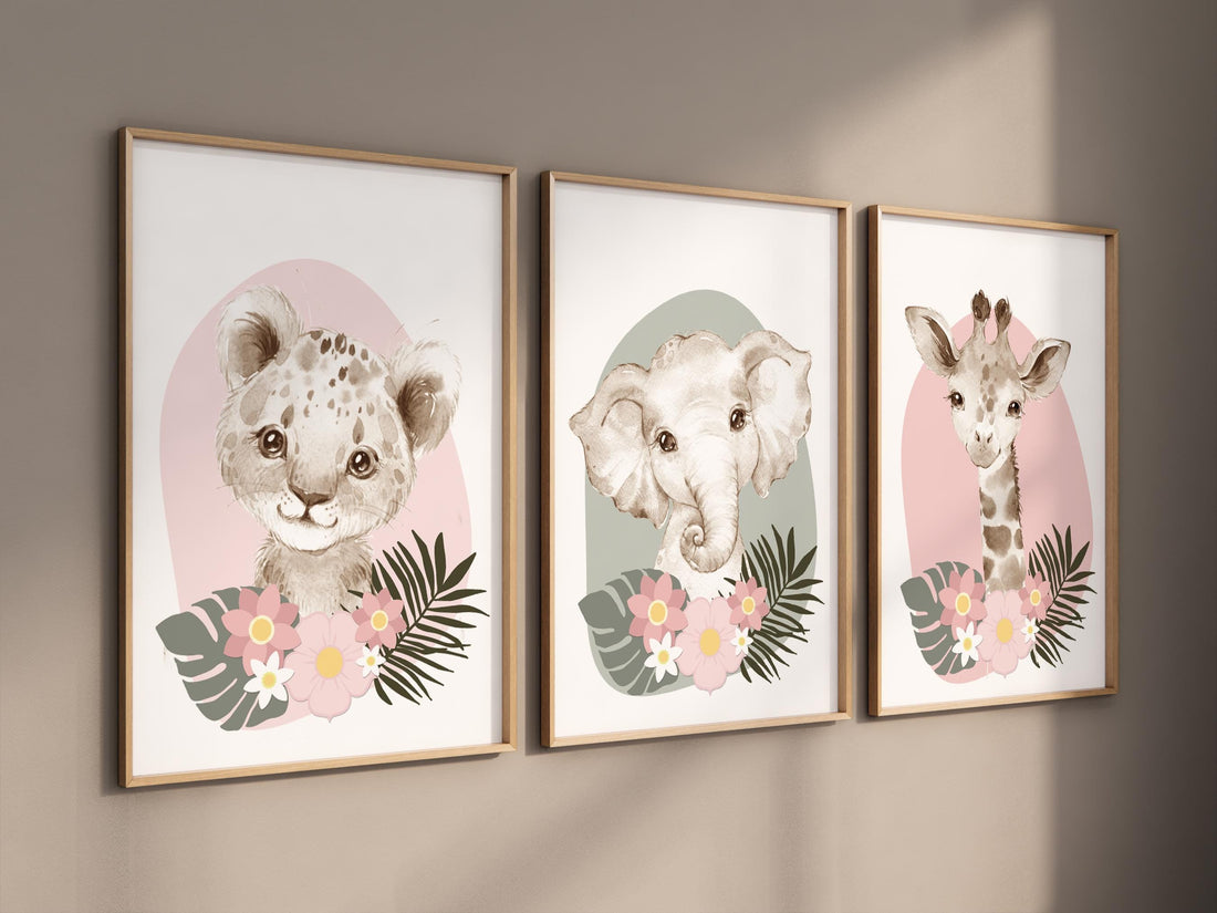 Safari Animals, girl nursery, Animals Prints, pink and green, Woodland Nursery Decor, Safari Nursery Wall Art, floral animal prints