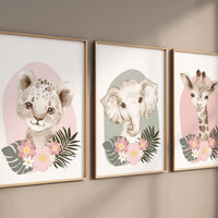 Safari Animals, girl nursery, Animals Prints, pink and green, Woodland Nursery Decor, Safari Nursery Wall Art, floral animal prints