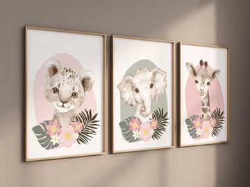 Safari Animals, girl nursery, Animals Prints, pink and green, Woodland Nursery Decor, Safari Nursery Wall Art, floral animal prints