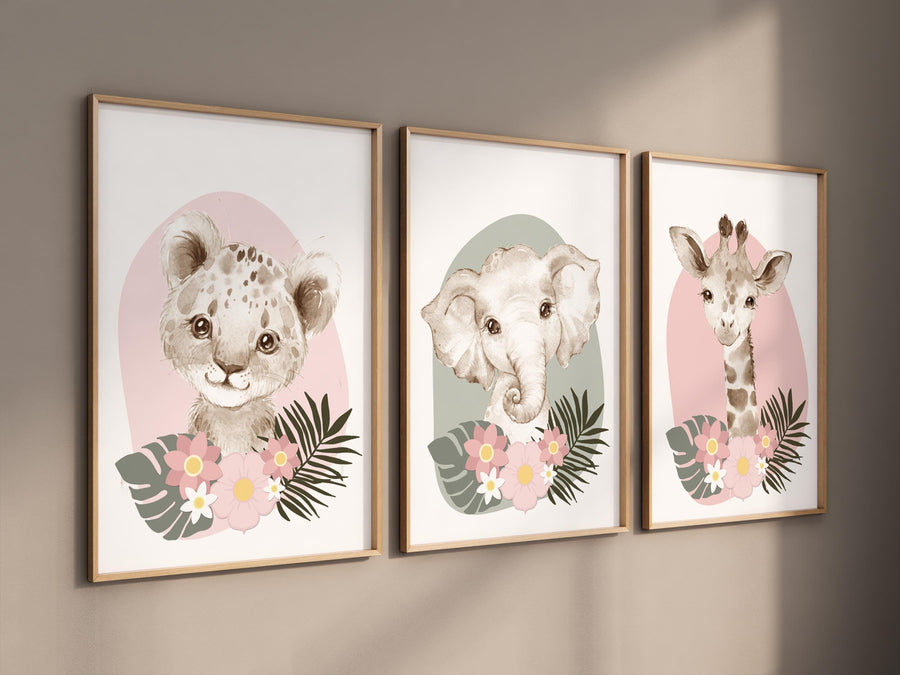 Safari Animals, girl nursery, Animals Prints, pink and green, Woodland Nursery Decor, Safari Nursery Wall Art, floral animal prints