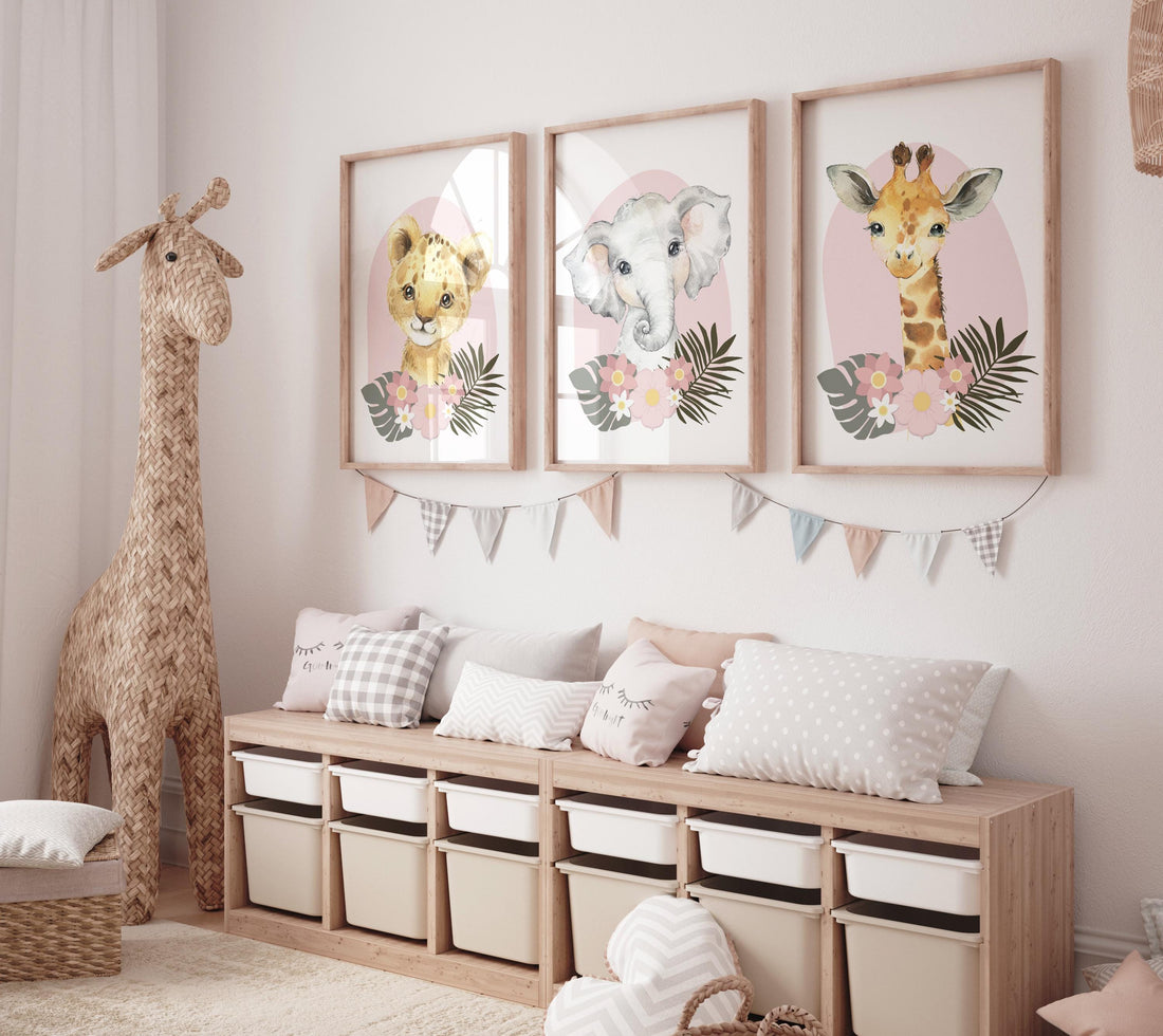 Safari Animals, girl nursery, Animals Prints, Woodland Nursery Decor, Safari Nursery Wall Art, floral animal prints, Pink Safari Animals