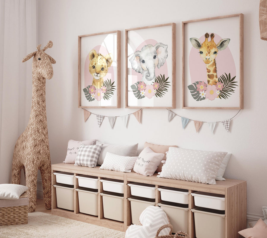 Safari Animals, girl nursery, Animals Prints, Woodland Nursery Decor, Safari Nursery Wall Art, floral animal prints, Pink Safari Animals