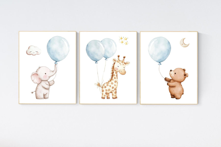 Blue nursery decor, balloon nursery decor, animal prints, nursery decor boy elephant, baby room, blue nursery, giraffe nursery, bear nursery