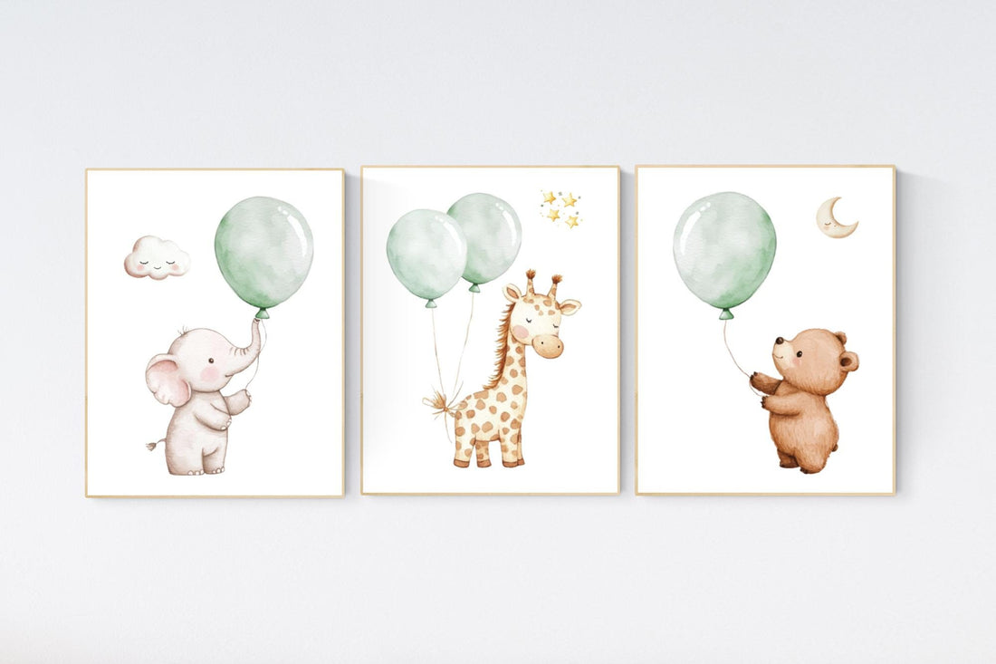 Nursery wall art animals, green nursery, gender neutral nursery, sage green, baby room decor, bear, elephant, giraffe, animal prints