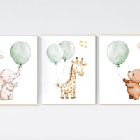 Nursery wall art animals, green nursery, gender neutral nursery, sage green, baby room decor, bear, elephant, giraffe, animal prints