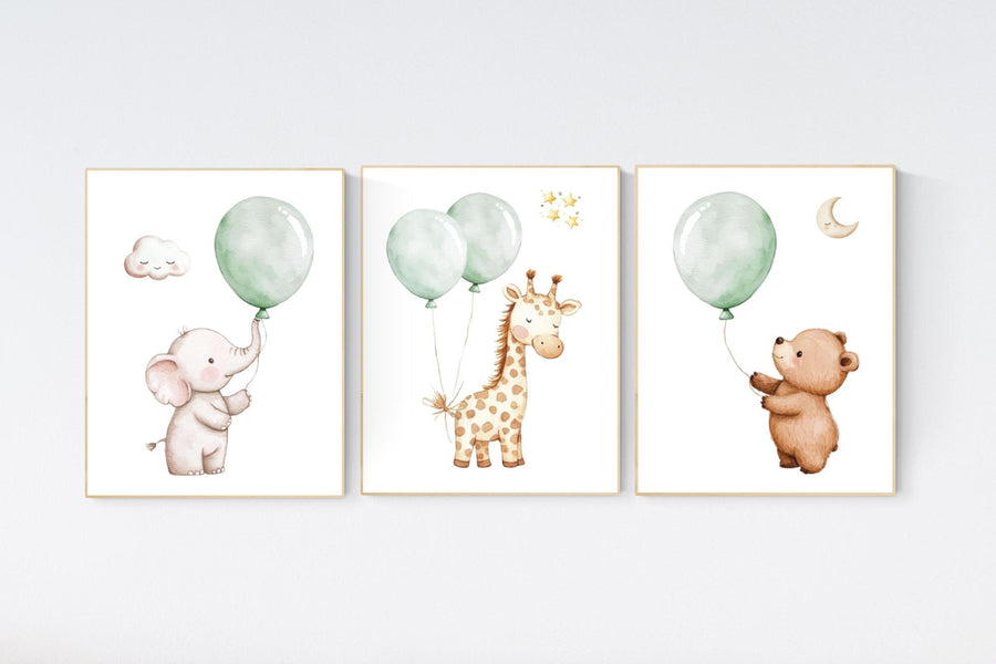 Nursery wall art animals, green nursery, gender neutral nursery, sage green, baby room decor, bear, elephant, giraffe, animal prints