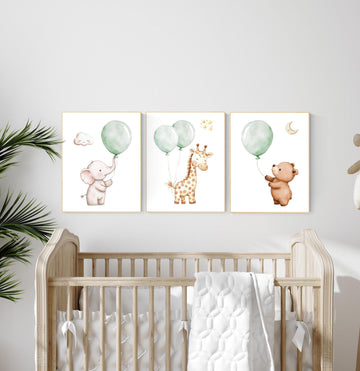 Nursery wall art animals, green nursery, gender neutral nursery, sage green, baby room decor, bear, elephant, giraffe, animal prints