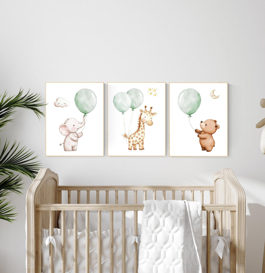 Nursery wall art animals, green nursery, gender neutral nursery, sage green, baby room decor, bear, elephant, giraffe, animal prints