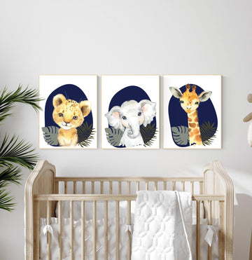 Safari Nursery Wall Prints, Boho Nursery Prints, jungle animals, navy blue Nursery Art, animal Nursery Decor, animal prints