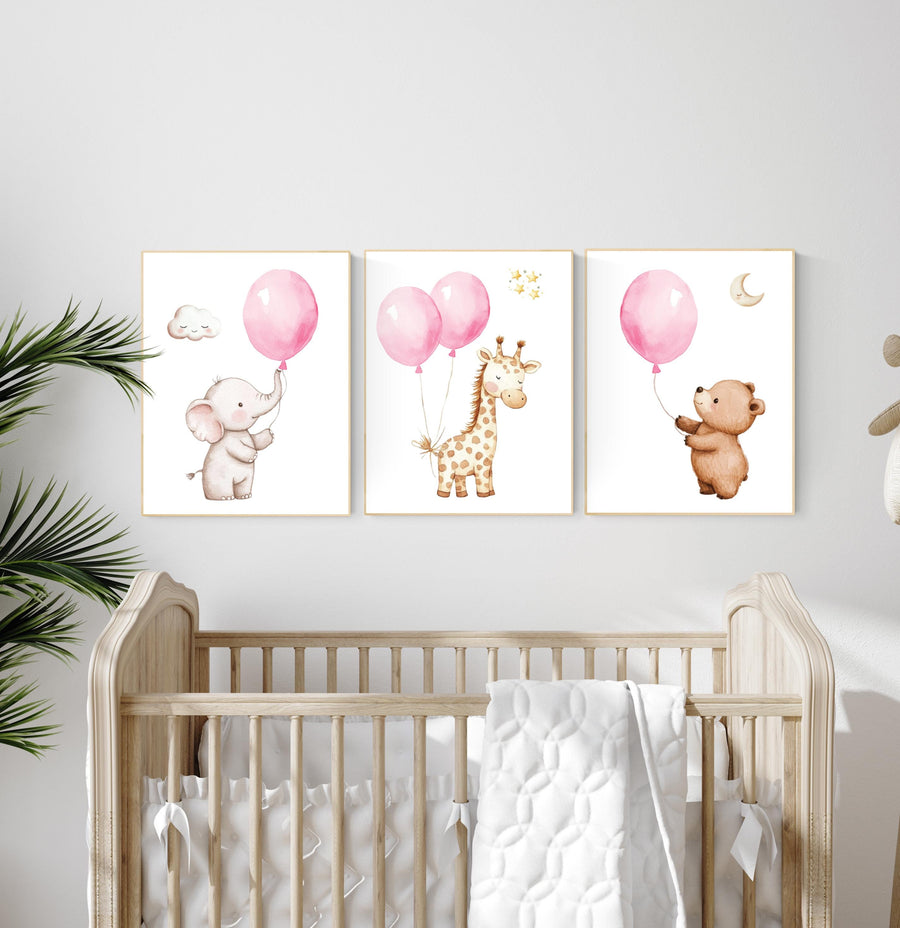 Nursery decor girl pink, animal nursery, nursery decor girl, balloon nursery, girls room decor pink, animal prints, girls nursery