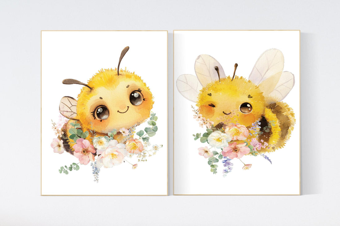 Bee print, bee nursery, flower nursery, yellow nursery, gender neutral, nursery wall art prints, baby room wall art, girl nursery