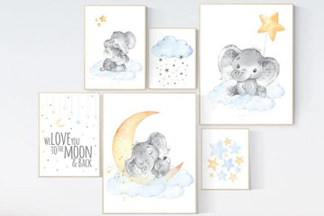 Nursery decor elephant, we love you to the moon and back, elephant balloon, gender neutral, nursery wall art, baby room