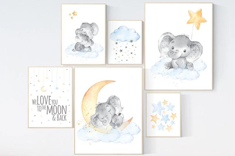 Nursery decor elephant, we love you to the moon and back, elephant balloon, gender neutral, nursery wall art, baby room