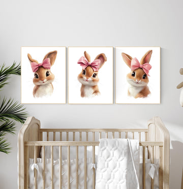Nursery wall art girl bunnies, bunny nursery print, rabbit nursery, bunny nursery decor, bow nursery, bow print, blush nursery, girl nursery