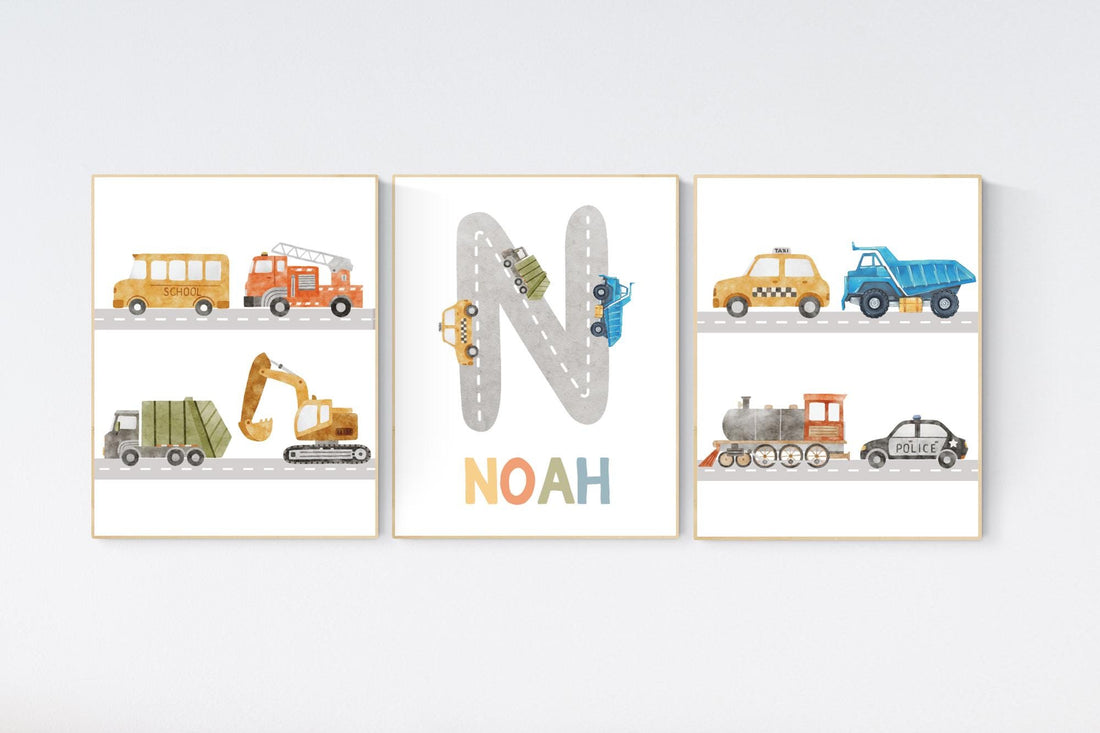 Transport Vehicle Posters, Boy Room Wall Art, Custom Name Wall Art, Boy Room Trucks Decor, Personalized Transport Nursery, playroom decor