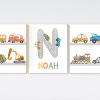 Transport Vehicle Posters, Boy Room Wall Art, Custom Name Wall Art, Boy Room Trucks Decor, Personalized Transport Nursery, playroom decor