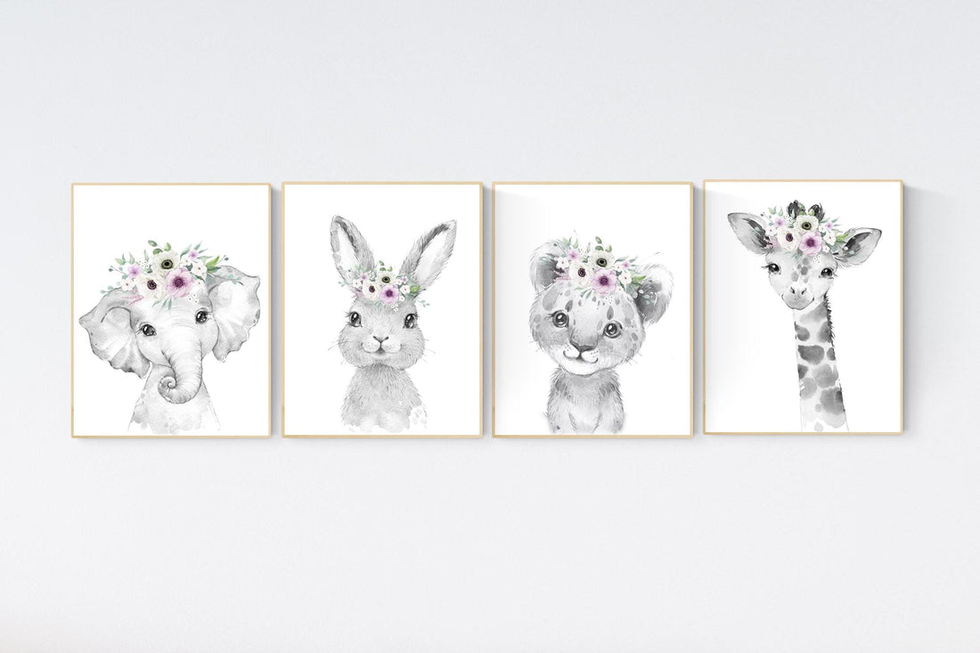 Purple nursery, girl nursery, animal nursery, Safari animals, Floral Nursery Prints, purple nursery, girls nursery decor, elephant nursery