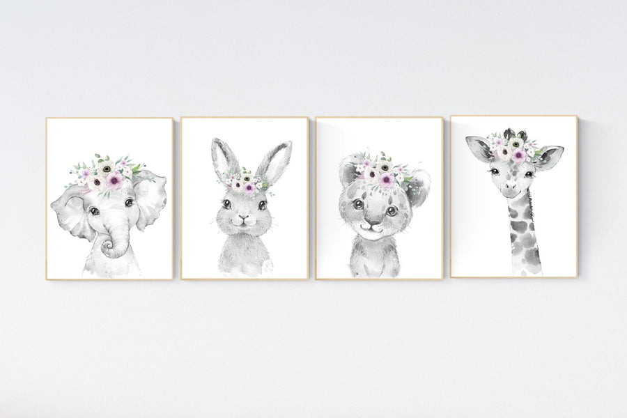 Purple nursery, girl nursery, animal nursery, Safari animals, Floral Nursery Prints, purple nursery, girls nursery decor, elephant nursery