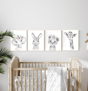 Purple nursery, girl nursery, animal nursery, Safari animals, Floral Nursery Prints, purple nursery, girls nursery decor, elephant nursery