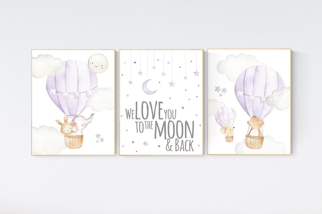Girl nursery wall art, Hot air balloon prints, purple nursery, lilac nursery, woodland nursery, animal prints, lavender nursery, girls room
