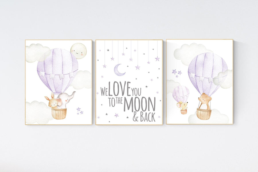 Girl nursery wall art, Hot air balloon prints, purple nursery, lilac nursery, woodland nursery, animal prints, lavender nursery, girls room