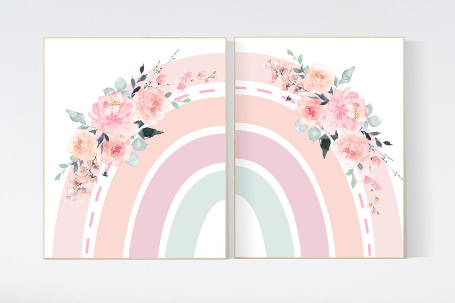 Nursery decor rainbow, Boho Rainbow Set, rainbow nursery, blush nursery, Nursery Decor boho, blush pink, flower nursery, set of 2