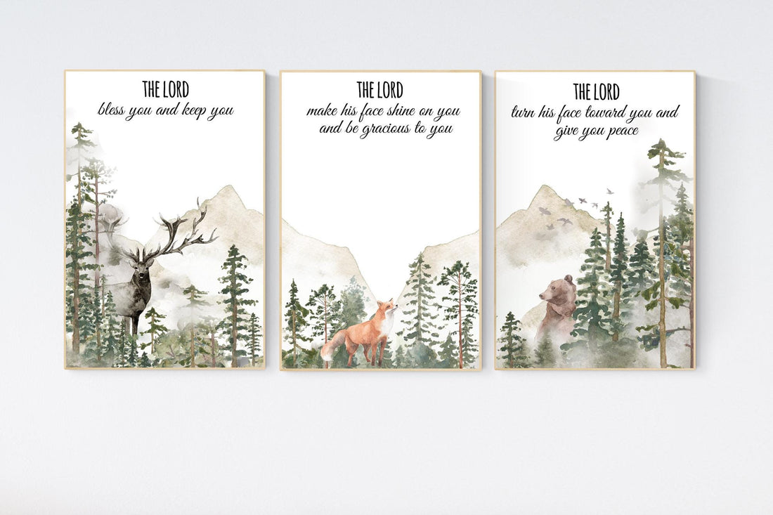 Nursery decor woodland, mountain wall art, tree nursery decor, adventure theme nursery, forest, sage green, bible nursery, verse nursery