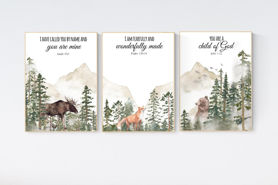 Nursery decor woodland, mountain wall art, tree nursery decor, adventure theme nursery, forest, sage green, bible nursery, verse nursery