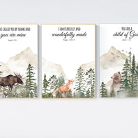 Nursery decor woodland, mountain wall art, tree nursery decor, adventure theme nursery, forest, sage green, bible nursery, verse nursery