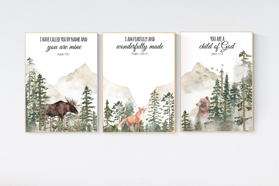 Nursery decor woodland, mountain wall art, tree nursery decor, adventure theme nursery, forest, sage green, bible nursery, verse nursery