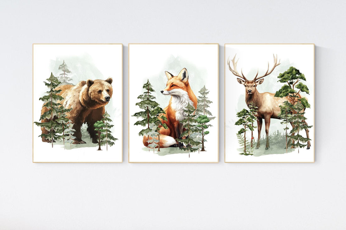 Nursery decor woodland, nursery wall art, tree nursery decor, adventure theme nursery, forest nursery, sage green, beige, woodland animals