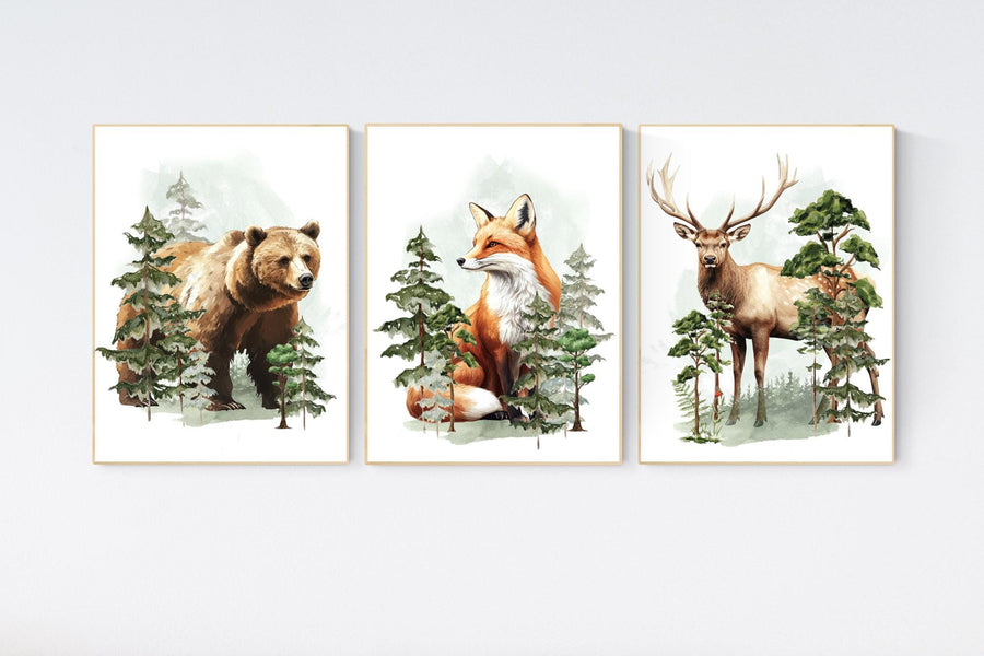 Nursery decor woodland, nursery wall art, tree nursery decor, adventure theme nursery, forest nursery, sage green, beige, woodland animals