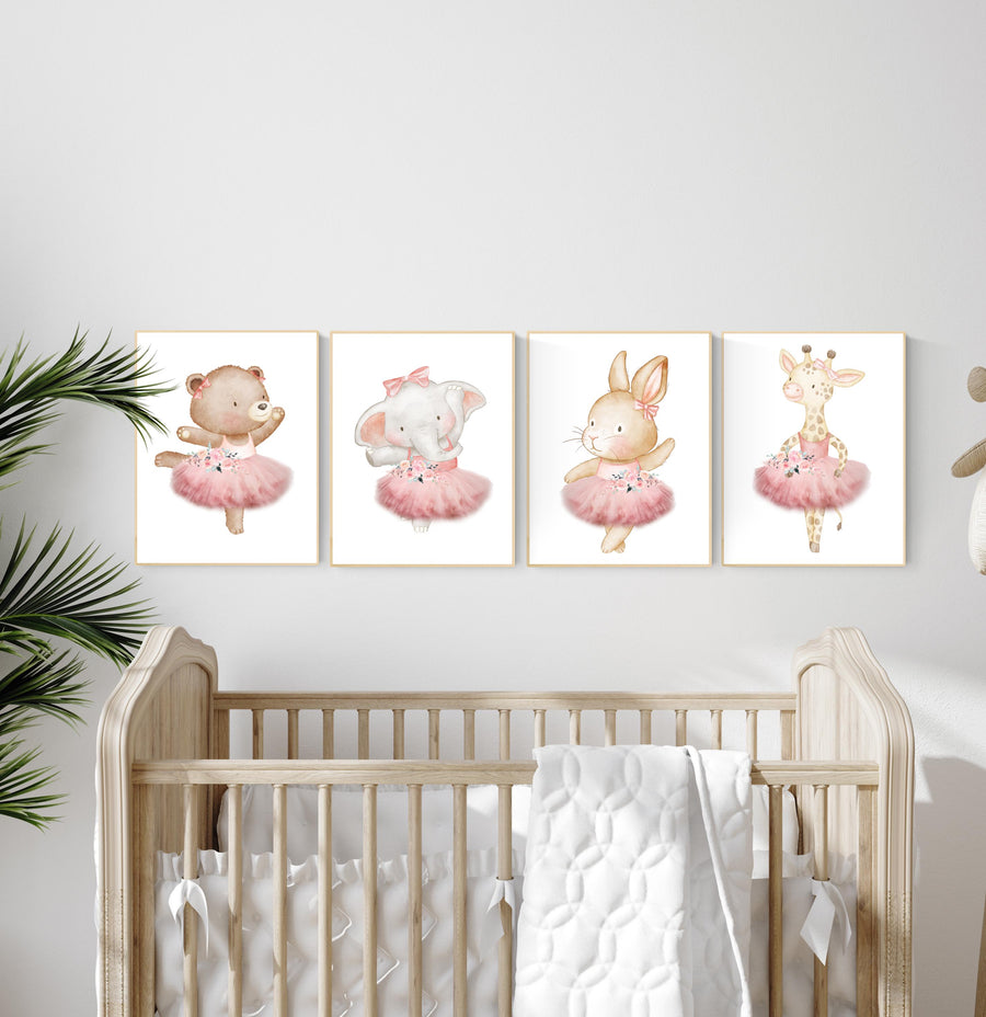 Ballerina animals, baby room decor girl, Elephant nursery, bunny nursery, bear nursery, nursery prints girl, ballet prints, ballet animals