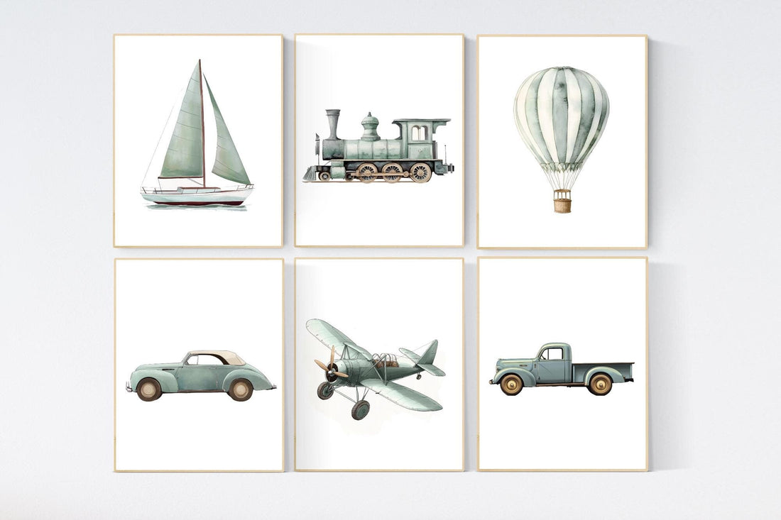 Vehicle art print set, sage green, Boys room, car train plane boat hot air balloon, boys transportation print, boys nursery room decor