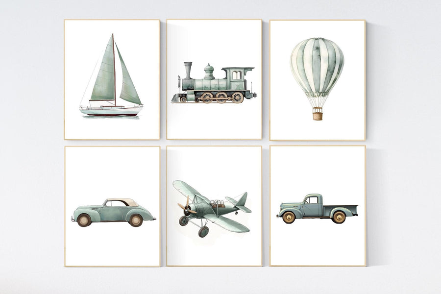 Vehicle art print set, sage green, Boys room, car train plane boat hot air balloon, boys transportation print, boys nursery room decor