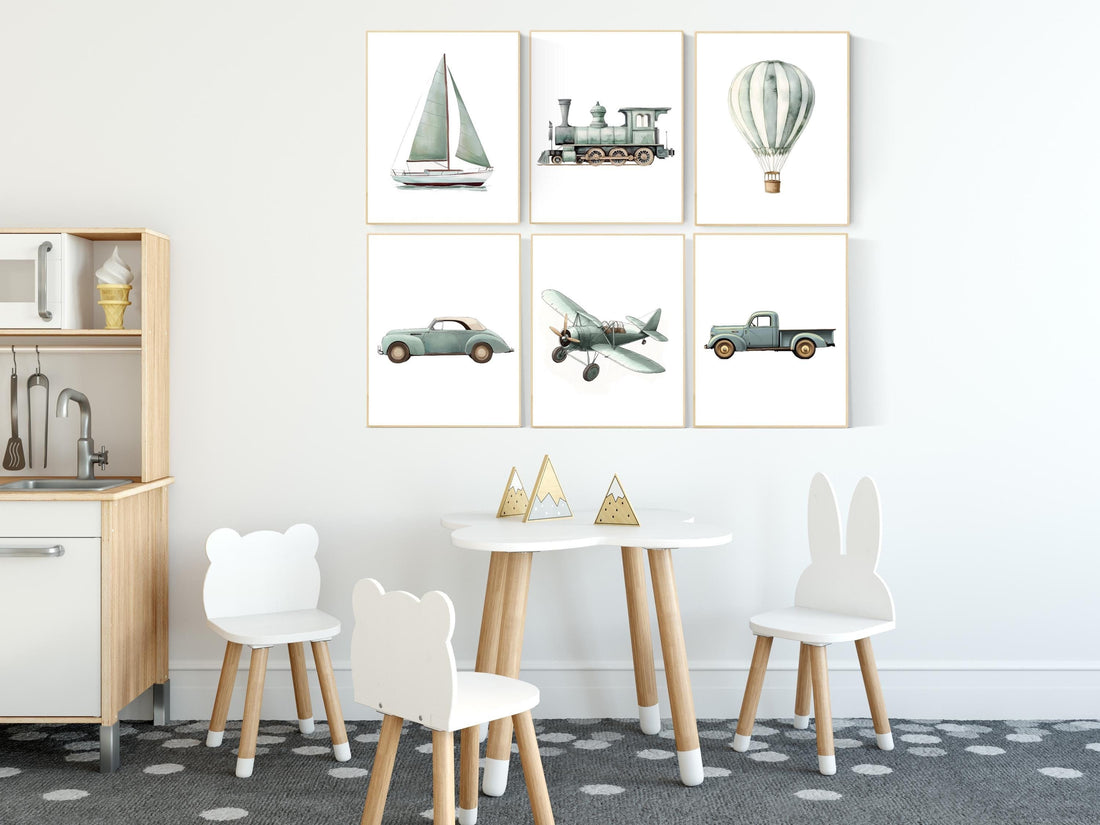Vehicle art print set, sage green, Boys room, car train plane boat hot air balloon, boys transportation print, boys nursery room decor