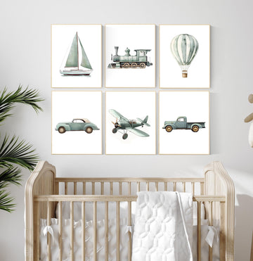 Vehicle art print set, sage green, Boys room, car train plane boat hot air balloon, boys transportation print, boys nursery room decor