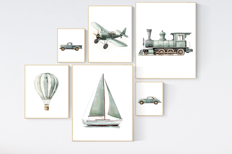 Vehicle art print set, sage green, Boys room, car train plane boat hot air balloon, boys transportation print, boys nursery room decor